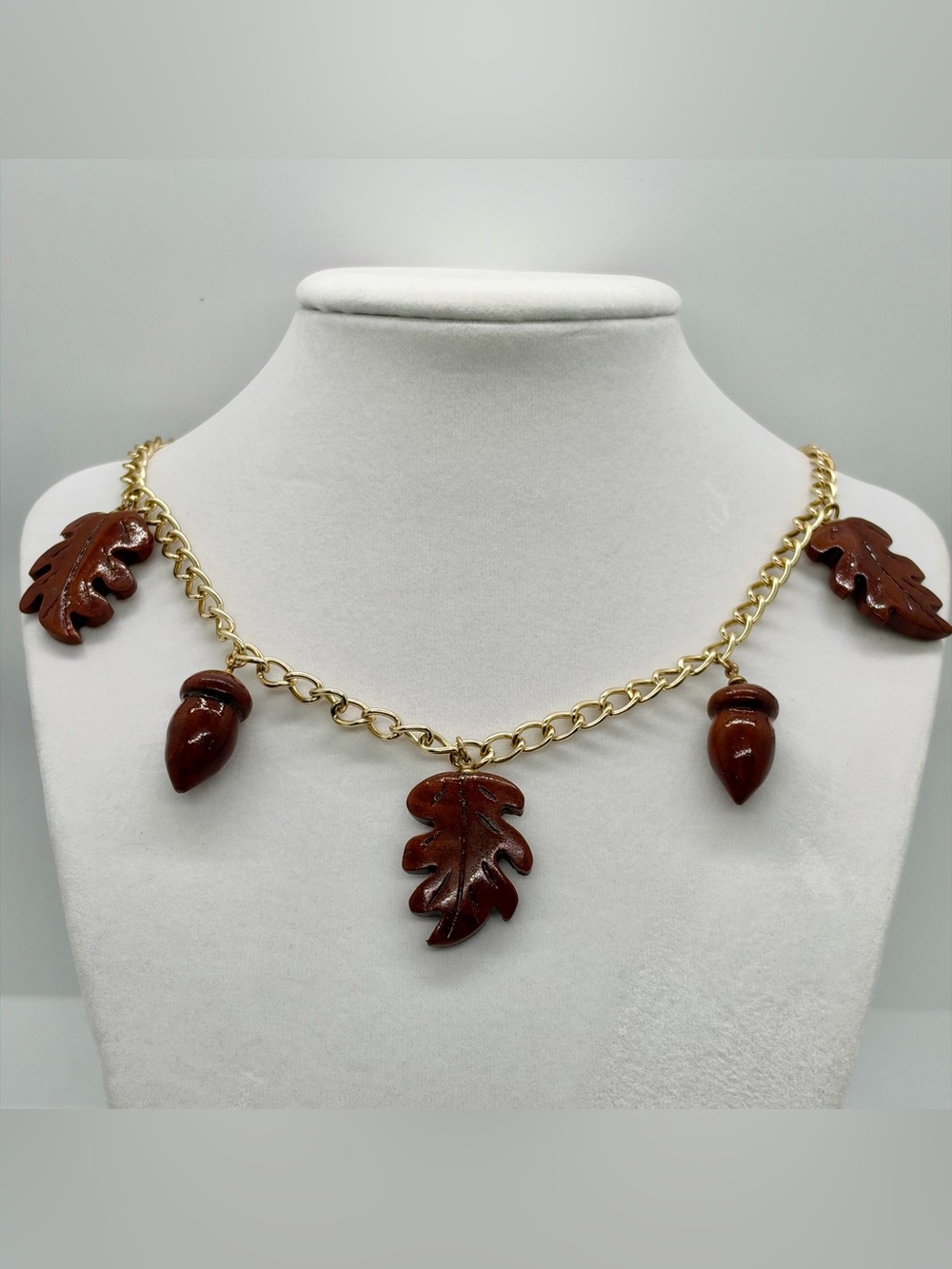 Woodland Necklace with Carved Acorns and Leaves